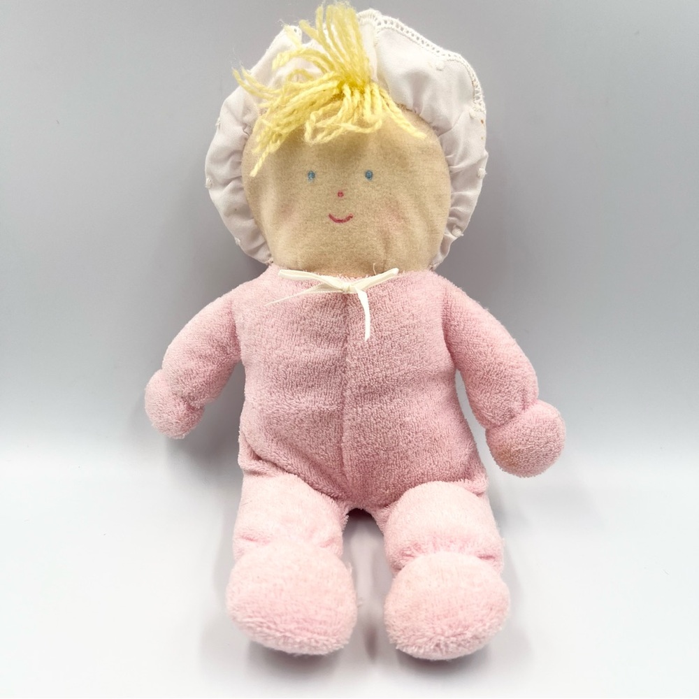 Vintage Eden Pink Soft Baby Girl Doll Plush Lovey Terrycloth Blonde Yarn Hair